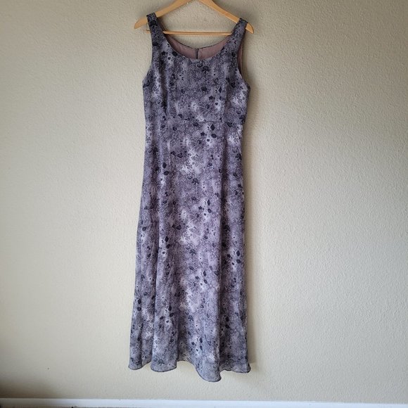 Vintage 90s Maxi Formal Gray Floral Dress - Picture 1 of 11